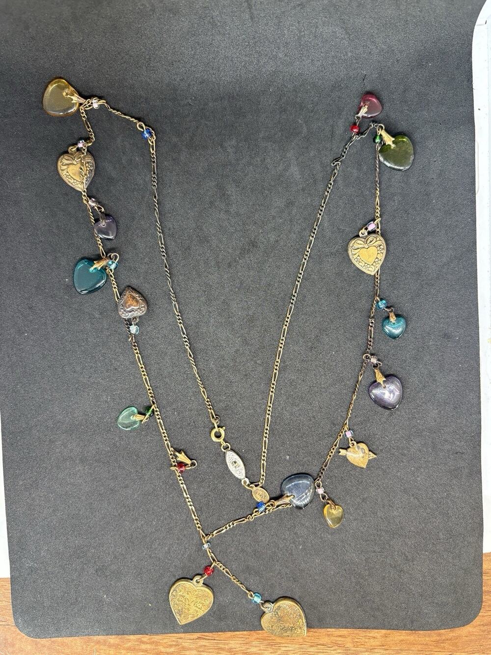Vintage Glass Works Studio Brass & Glass Heart Dangle Charm Necklace 36” *Read